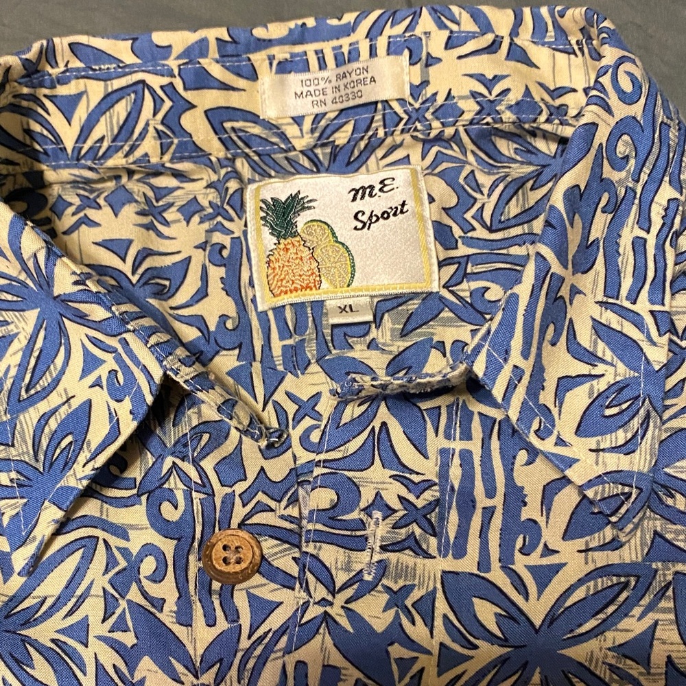 M.E. Sport Tropical Rayon wooden Button-Up Shirt in Blue and Cream XL